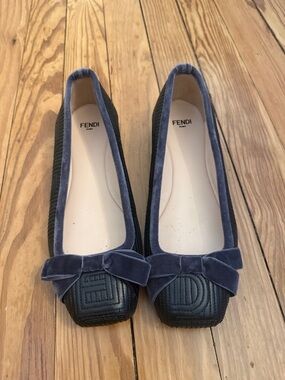 Fendi Black Quilted Leather Toe Flats with Navy Velvet Trim and Bow